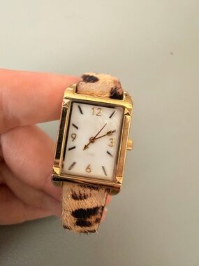 Stella & Dot Gold-Tone Rectangular Watch with Leopard Strap